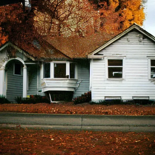 Image similar to a high flash photo of a suburban home from the street during autumn, 2 0 0 6, taken with a disposable camera