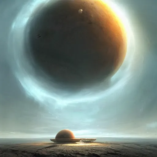 Prompt: A giant circular building, alien design, hidden ina crater on Mars, Sun on the horizon, fantasy art by Greg Rutkowski