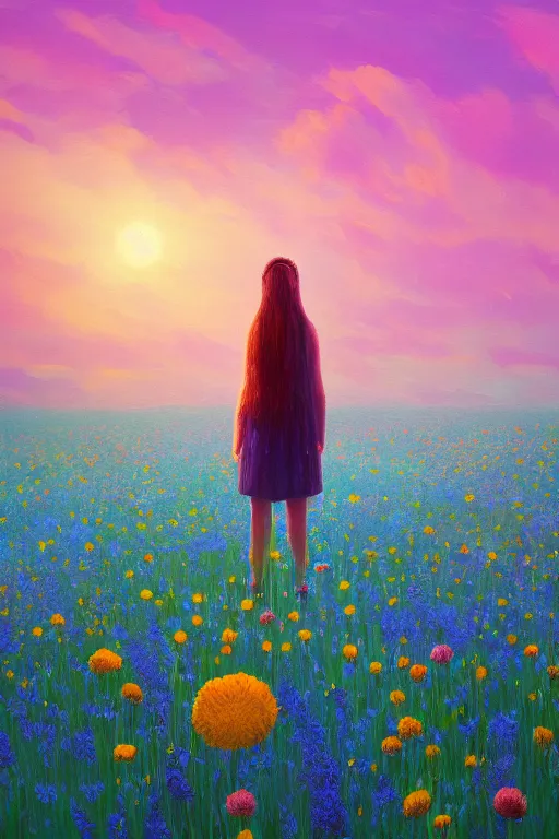 Image similar to closeup, giant flower head, girl standing in a field of flowers, surreal photography, sunrise, blue sky, dramatic light, impressionist painting, digital painting, artstation, simon stalenhag