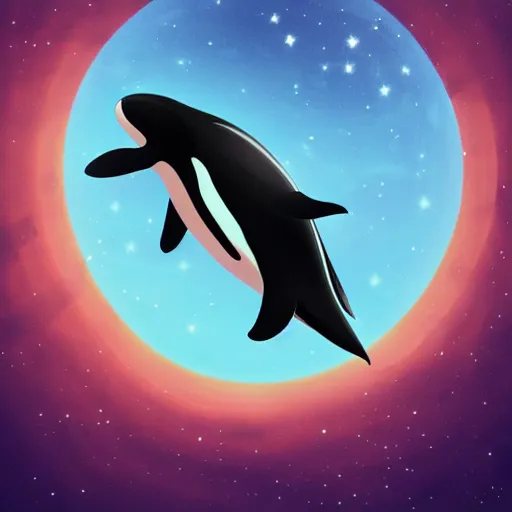 Prompt: Shamu the orca killer whale jumping over the moon. space, stars, planets. SeaWorld, ccean life, marine life. Trending on artstation