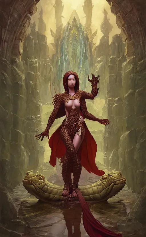 Image similar to crocodile godess in temple portal, reptilian skin, d & d, fantasy, full body portrait, elegant, highly detailed, digital painting, artstation, concept art, matte, sharp focus, illustration, art by artgerm and greg rutkowski and alphonse mucha