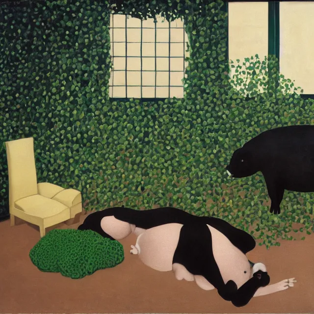 Image similar to a pathology student in her apartment, wrapped in vines, large stones, pig, black walls, ikebana, black armchair, puddles, moss, acrylic on canvas, surrealist, by magritte and monet