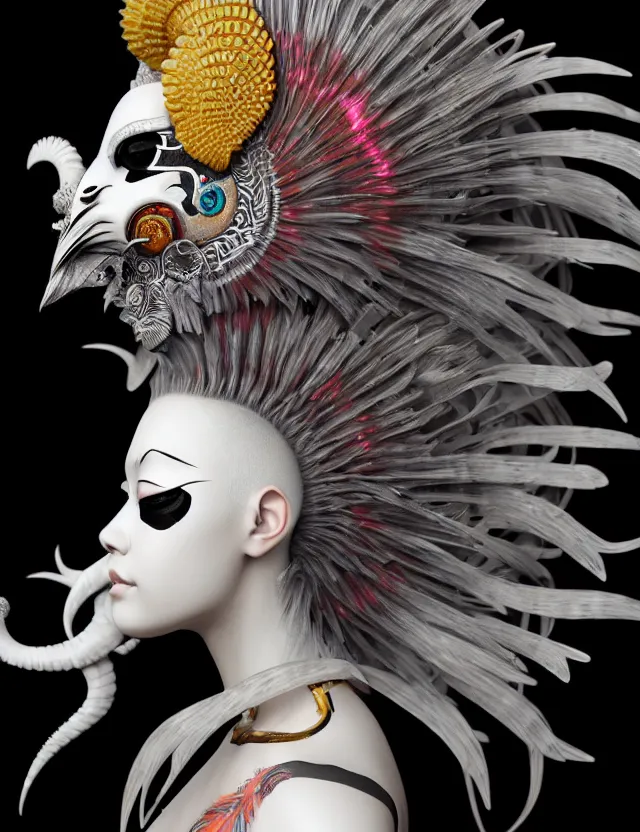 Image similar to 3 d goddess close - up profile simple portrait punk with mohawk with ram skull. beautiful intricately detailed japanese crow kitsune mask and clasical japanese kimono. betta fish, jellyfish phoenix, bio luminescent, plasma, ice, water, wind, creature, artwork by tooth wu and wlop and beeple and greg rutkowski