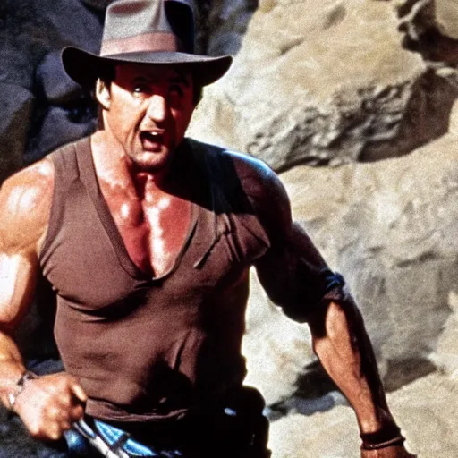 Prompt: sylvester stallone as indiana jones, running in a cave full of traps