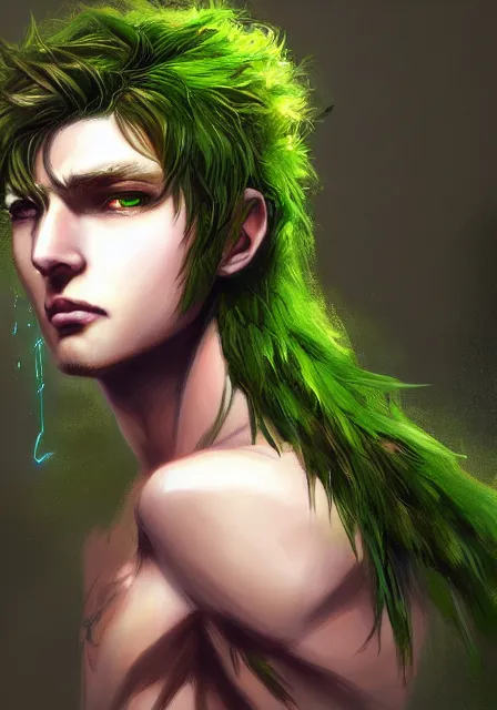 Image similar to A realistic anime portrait of a handsome dryad with glowing green eyes and tree bark skin wearing clothes made of leaves, digital painting, by Stanley Artgerm Lau, Sakimichan, WLOP and Rossdraws, digtial painting, trending on ArtStation, SFW version