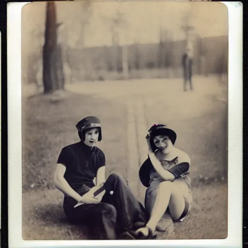 Prompt: Polaroid photograph of stylish college students, taken in 1922