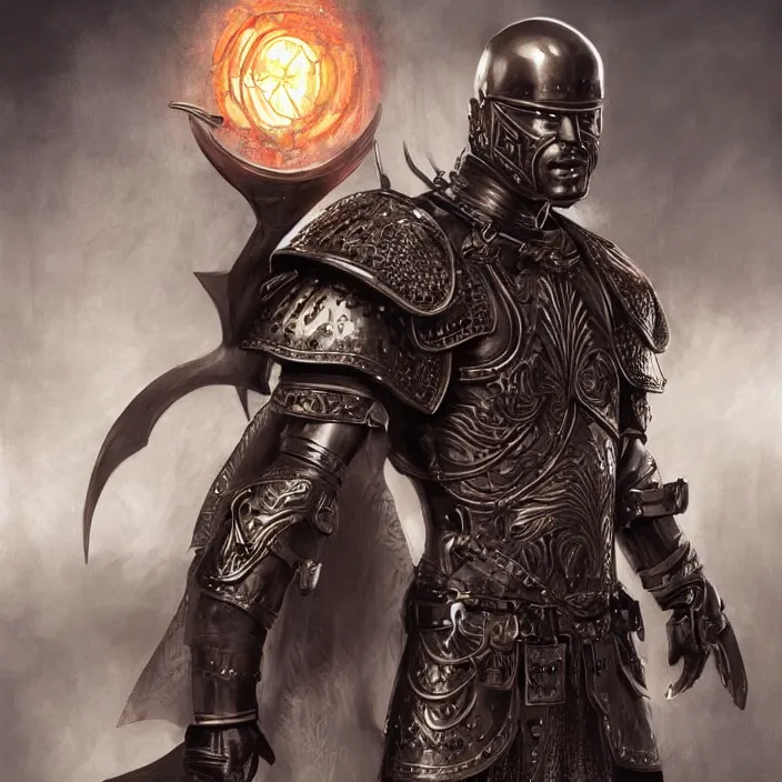 Image similar to a highly detailed symmetrical full body painting of a bald male warrior in leather armour with piercing eyes in dark tomb setting, dynamic lighting, ambient lighting, deviantart, art by artgerm and karol bak and mark brooks