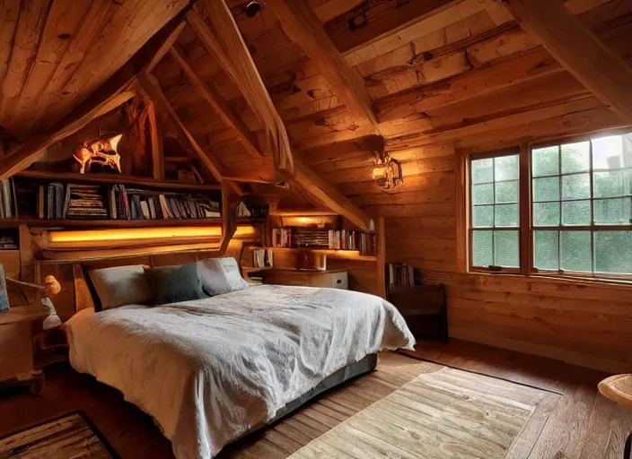 Image similar to cozy bedroom, nighttime, warm lighting, books, exposed beam ceiling, low lighting