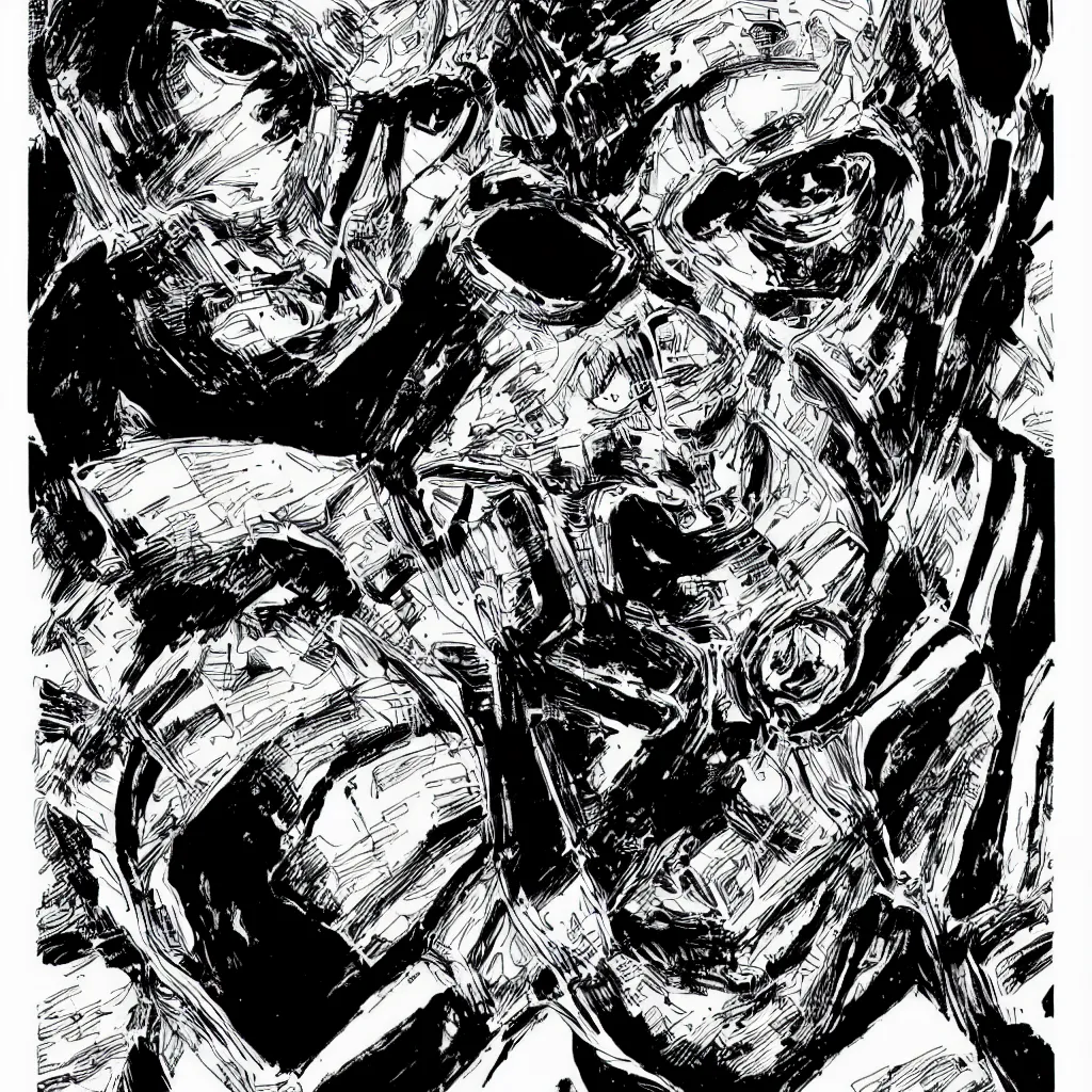 Prompt: A dramatic close-up portrait of Doctor Doom by Jack Kirby and Jim Steranko, highly detailed, 8k, sparse dark atmosphere, perfect pen and ink line art, large hulking figure, perfect muscle structure, highly hyperdetailed and precisely inked, perfect facial symmetry, futuristic, cosmic, full color, Marvel Comics 1975, Fantastic Four, dim lights, high technical detail
