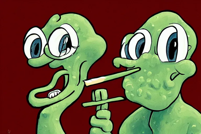 Image similar to squidward smoking crack, digital painting masterpiece, intricate detail, beatiful brush strokes, 4 k wallpaper, stylized yet realistic anatomy and faces