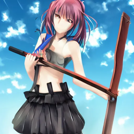 Prompt: anime girl holding a saw, action pose, highly detailed beautiful, pixiv
