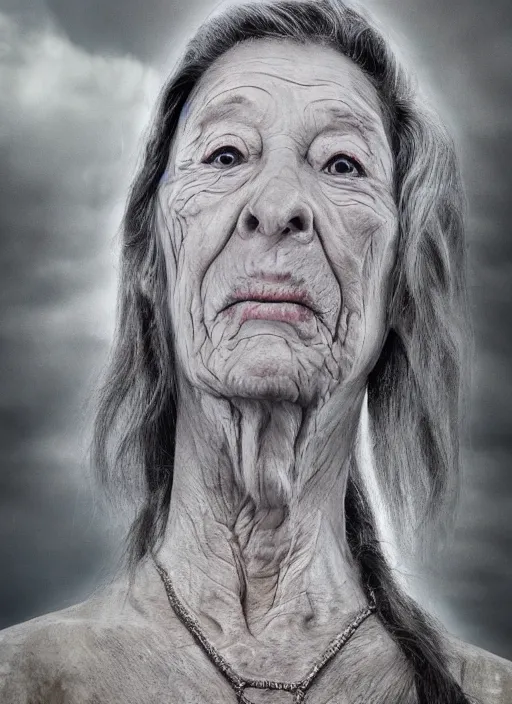 Prompt: a hyper realistic ultra realistic photograph of the 1000 foot tall grandma, highly detailed, 8k photo, writing in horror