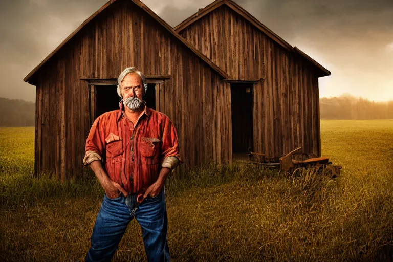 Image similar to a cinematic headshot portrait of a farmer, stood outside a wooden cabin, ultra realistic, dramatic lighting, by mike campau and annie leibovitz