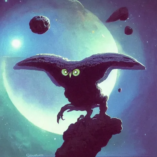 Image similar to An Alien Owl is sitting on an asteroid with a large magical Wormhole as the background, psychedelic art, cosmic, artstation, sci-fi fantasy, concept art, smooth, sharp focus, illustration, art by greg rutkowski and orientalism and bouguereau and Zdzislaw Beksinski, good clear quality, lighting, biology, symmetrical artwork, perfect face, 135 mm, cinematic, hyper realism, high detail, octane render, 8k, chrome accents