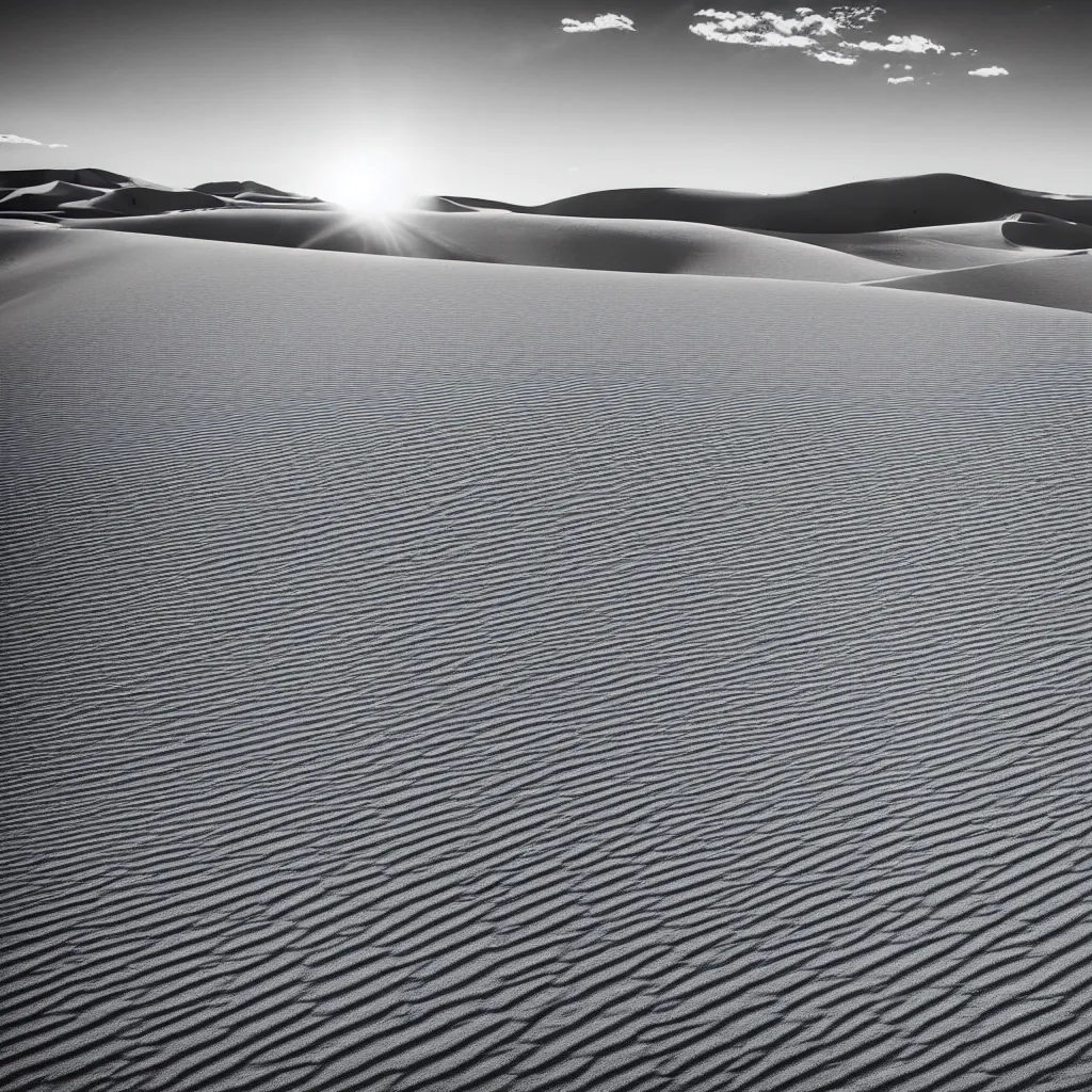 Prompt: landscape photo of an endless desert, huge sand dunes size of mountains old sand stone ruins, beaming sun, beautiful sky, 5 0 mm, nikon z 9, tripod, award winning