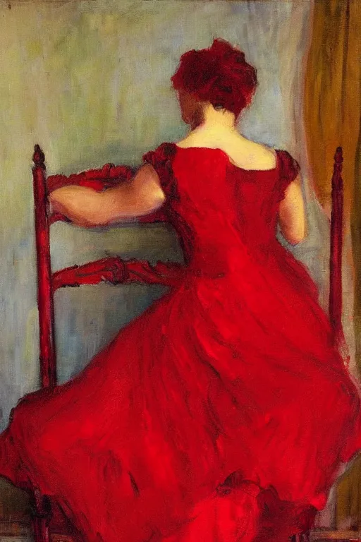 Prompt: an unworn red dress laid across a chair in a dark victorian era room. in the style of american impressionism painting. triadic color scheme