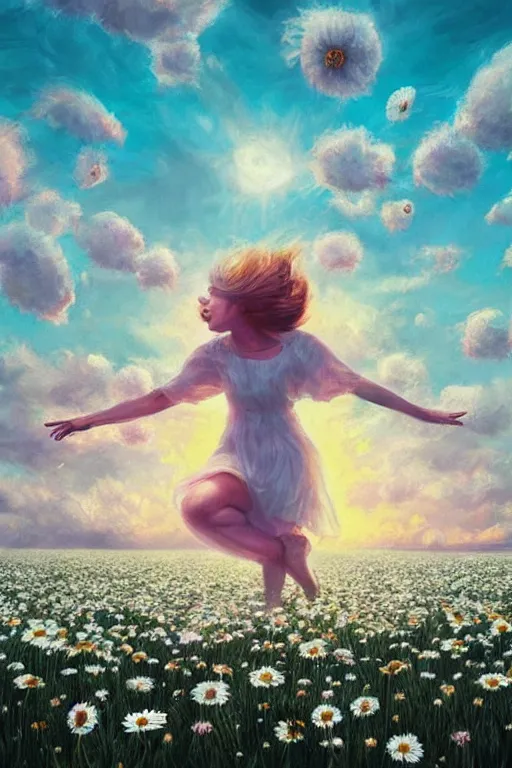 Image similar to giant white daisy flower as head, two legged girl dancing in a flower field, surreal photography, sunrise, dramatic light, impressionist painting, colorful clouds, digital painting, artstation, simon stalenhag