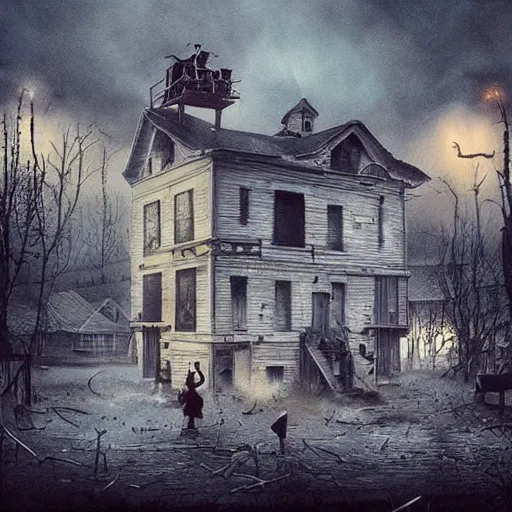 Image similar to Stunning 35mm empty town by Ejsing, Jesper. Full of ghostly children floating above the houses, photography, surrealism, dark, fantasy, Crewdson, Gregory