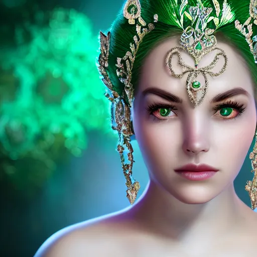 Image similar to portrait of wonderful princess of emeralds with fair skin, green flowers, ornate, 8 k, gorgeous, intricate, detailed, glowing white accent lighting, dramatic lighting, octane render
