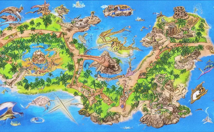 Prompt: futuristic fantasy island map, drawn with crayons, detailed