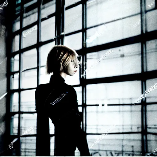Prompt: worried, runaway beautiful supermodel replicant looking out the window in a dirty abandoned factory, short blonde hair, cyberpunk outfit, still from closed circuit tv footage, high angle