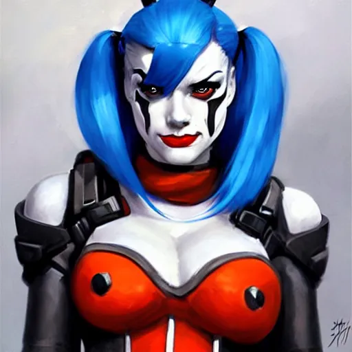 Image similar to greg manchess portrait painting of armored harley quinn as overwatch character, medium shot, asymmetrical, profile picture, organic painting, sunny day, matte painting, bold shapes, hard edges, street art, trending on artstation, by huang guangjian and gil elvgren and sachin teng