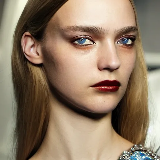 Prompt: A beautiful portrait of Daria Strokous as a model at Chanel fashion show as a model Spring/Summer 2010, highly detailed, in the style of cinematic, Milan fashion week backstage, Extreme close up, Makeup by Pat McGrath, Hair by Guido Palau