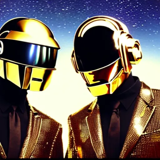 Image similar to Daft Punk duo near each other standing above a spaceship in space, realistic, high quality