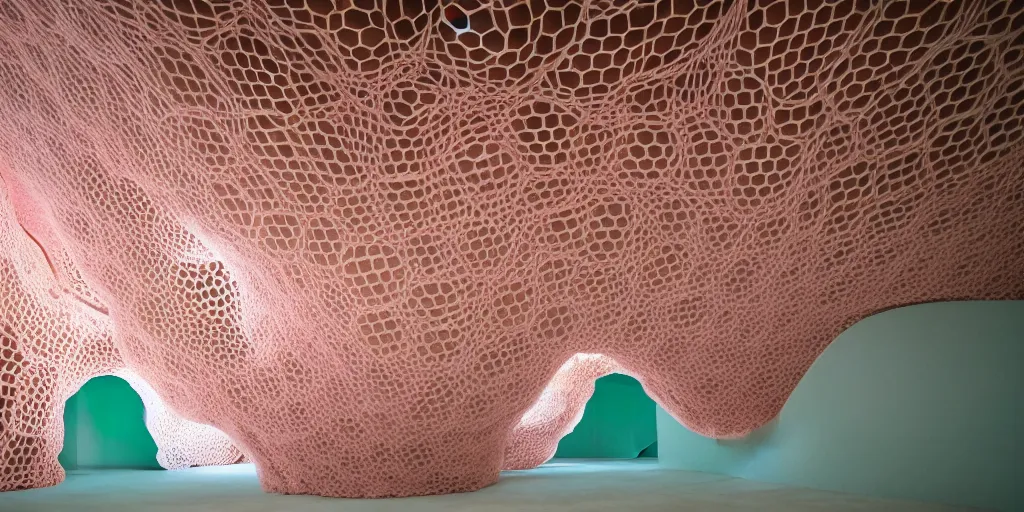 Image similar to biomorphic honeycomb building by ernesto neto, light - mint with light - pink color, 4 k, insanely quality, highly detailed, film still from the movie directed by denis villeneuve with art direction by zdzisław beksinski, telephoto lens, shallow depth of field