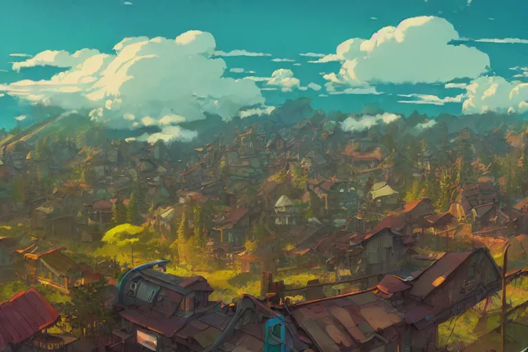 Image similar to abandoned steam punk village on a mountain look from above, fogged in the colorful clouds style of makoto shinkai studio ghibli, james gilleard greg rutkowski chiho aoshima, rule of thirds golden ratio, fake detail, trending pixiv fanbox