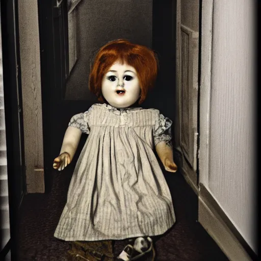 Image similar to creepy vintage doll in darkly lit hallway