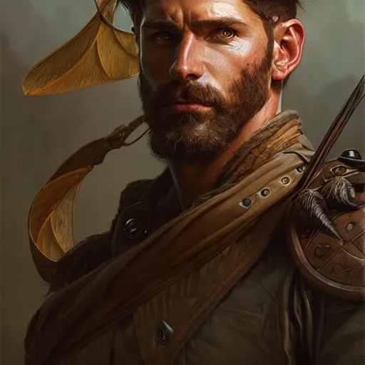 Image similar to Portrait of rugged male ranger, D&D, muscular, fantasy, intricate, elegant, highly detailed, digital painting, artstation, concept art, smooth, sharp focus, illustration, art by artgerm and greg rutkowski and alphonse mucha