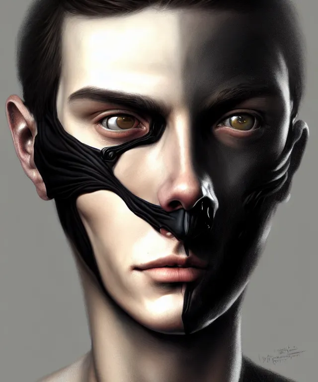 Prompt: european young man wearing black mask, beautiful face, highly detailed face!!!, true anatomy!, extremely detailed!, digital painting, unreal engine 5, art by tom bagshaw