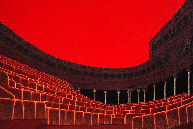 Image similar to only with red, a red great emperor, taormina amphitheatre, crowd with big smile, in the style of beksinski, parts by edward hopper, parts by rodcenko, parts by yue minjun, intricate and epic composition, red by caravaggio, insanely quality, highly detailed, masterpiece, red light, artstation, 4 k