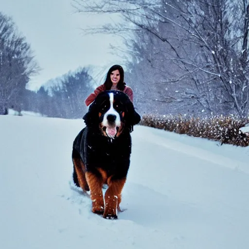 Image similar to girl riding giant Bernese Mountain Dog in the snow, trending on artstation