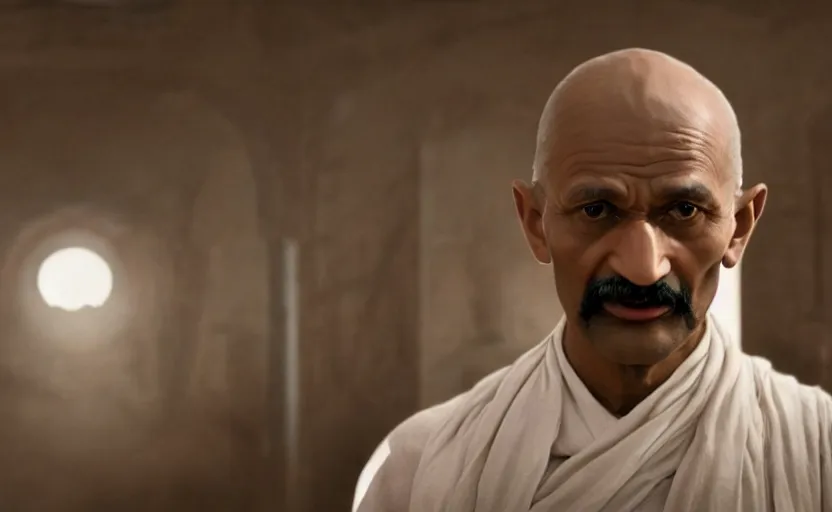 Prompt: Keegan-Michael Key as Mahatma Gandhi in 'Gandhi' (2017), movie still frame, oscar nominated cinematography, volumetric lighting, 8k resolution