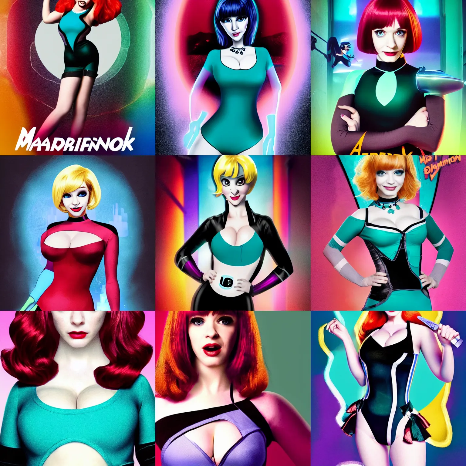 Prompt: a cinematic poster of christina hendricks as maddie fenton from the live - action netflix series'danny phantom'; auburn hair ; bob cut ; straight bangs ; loose - fitting teal bodysuit with black neck ; digital photograph