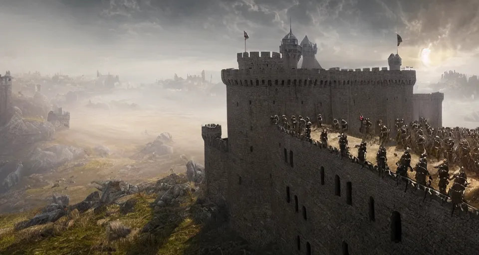 Prompt: ten medieval soldiers atop a castle wall looking over a vast medieval kingdom rule by an evil king. it is a quiet morning. mist, epic, cinematic, volumetric lighting, symmetry, fantasy style, highly - detailed, unreal 5, realism