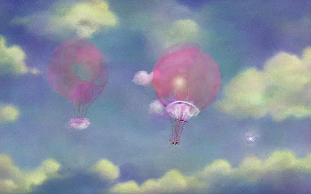 Image similar to streampunk dirigible floating between swirling clouds. pastel colors. haze.