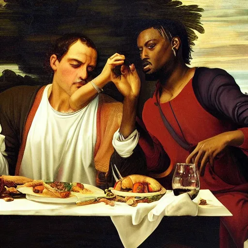 Prompt: a renaissance painting of Kanye and Playboi Carti at the final supper