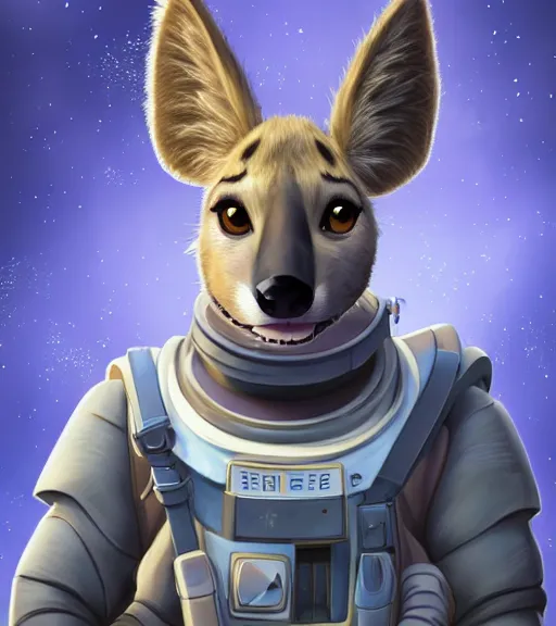 Prompt: digital detailed portrait of anthromorphic female hyena, in style of zootopia, fursona, furry, furaffinity, 4 k, deviantart, wearing astronaut outfit, in style of disney zootopia, floating in space, space background, in deep space, dark background, hyena fursona, cyberpunk, female, detailed face, style of artgerm,