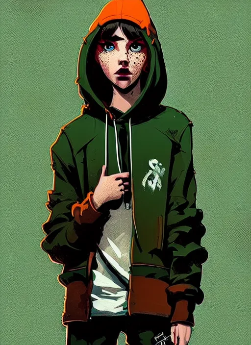 Image similar to highly detailed portrait of a sewer style seattle student, tartan hoody, by atey ghailan, by greg rutkowski, by greg tocchini, by james gilleard, by joe fenton, by kaethe butcher, gradient green, brown, blonde crea, orange, brown and white color scheme, grunge aesthetic!!! ( ( graffiti tag wall background ) )