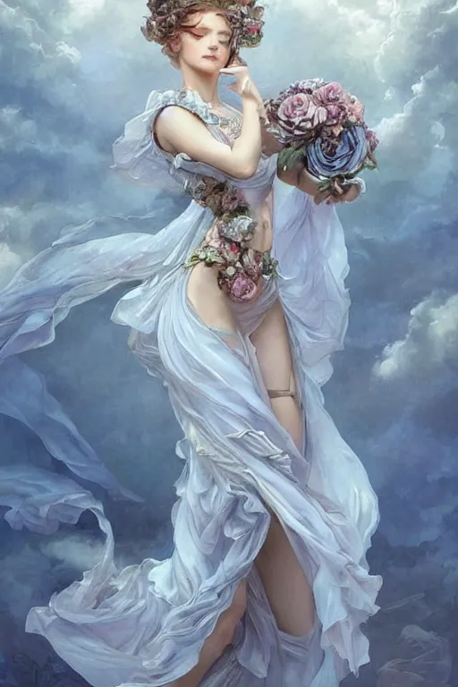 Image similar to beautiful!!! woman dressed in a vaporous wrapped large victorian pale blue roses silk semi-transparent dress fashion is running, fantasy, intricate, elegant, highly detailed, digital painting, trending on artstation, concept art, matte, sharp focus, illustration, art by Artgerm and Greg Rutkowski and Alphonse Mucha, instagram model