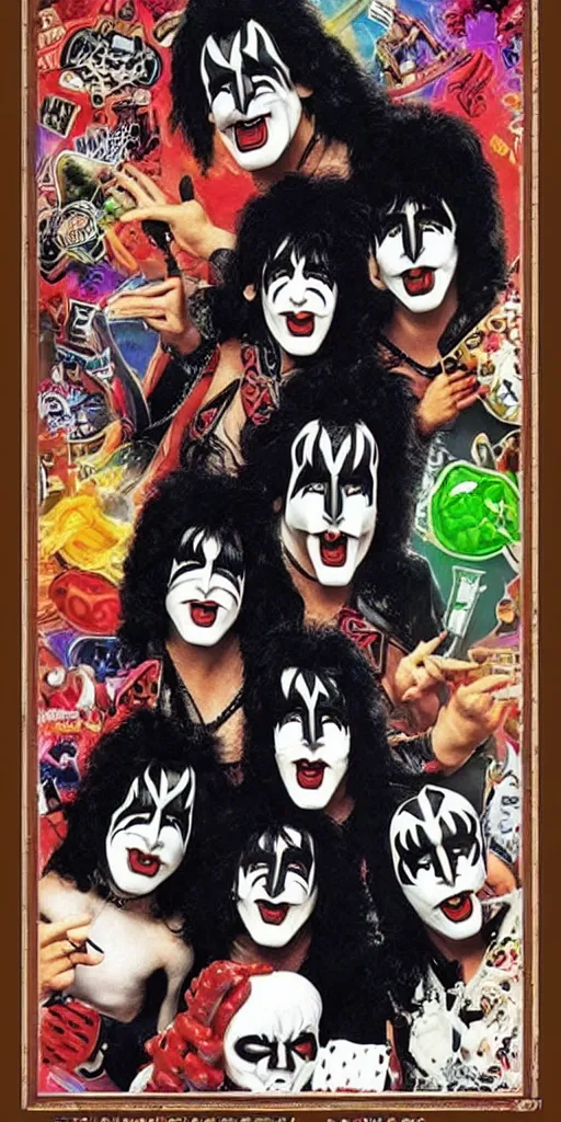 Prompt: Kiss style Rock and Roll poster, animals playing poker