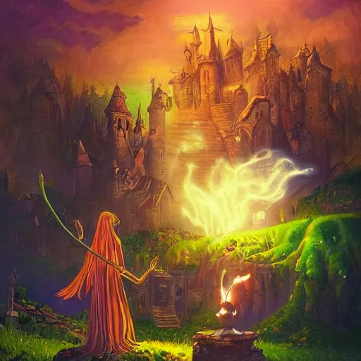 Image similar to beautiful witch casting a powerful spell on a village, beautiful composition, wide angle, colorful, cinematic, volumetric lighting, intricate details painting