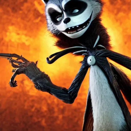 Image similar to animated film still of rocket raccoon in the nightmare before christmas, hyperrealistic, ultra realistic, realistic, highly detailed, epic, hd quality, 8k resolution, body and headshot, film still