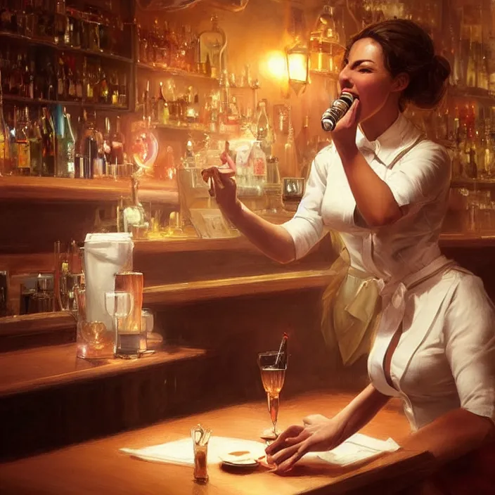 Image similar to a waitress singing on a table in a bar, elegant, real life skin, intricate artwork, high detailed, artstation, concept art, smooth, sharp focus, art by artgerm and greg rutkowski