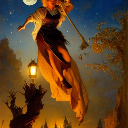 Prompt: witch flying using a broom, trough the night, fantasy, full moon in background. highly detailed painting by gaston bussiere, craig mullins, j. c. leyendecker 8 k