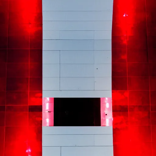Prompt: red light from above is reflected on the white floor below