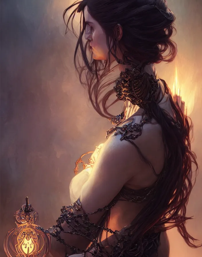 Image similar to Necromancer Sorceress, fantasy magic, undercut hairstyle, dark light night, intricate, elegant, sharp focus, illustration, highly detailed, digital painting, concept art, matte, art by WLOP and Artgerm and Greg Rutkowski and Alphonse Mucha, masterpiece